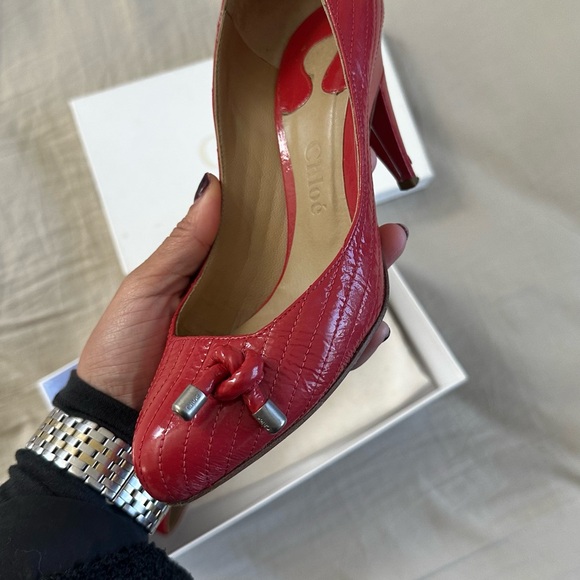VINTAGE CHLOE LUXURY LEATHER DESIGNER HEELS in Coral Designer Pumps Size 37/6.5 - Picture 12 of 12